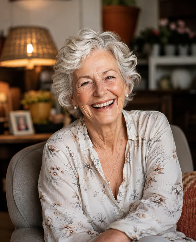 Lachende oudere vrouw thuis